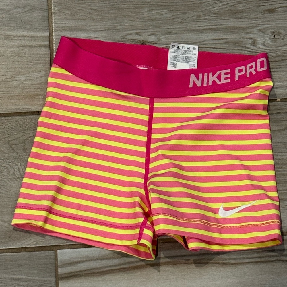 Nike Pro Pink and Yellow Striped Shorts